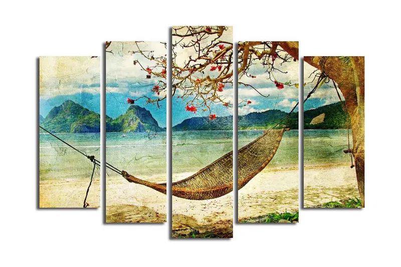 Suuri 5-osainen canvas-taulu 105x70 cm - Rentouttava riippumatto puun alla rannalla, taustalla vuoret, Sininen / Vihreä / Beige