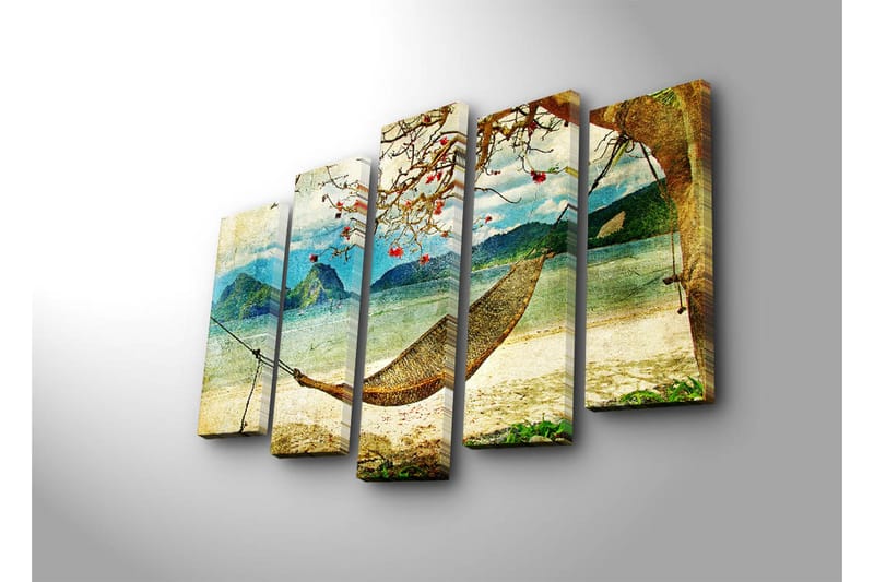 Suuri 5-osainen canvas-taulu 105x70 cm - Rentouttava riippumatto puun alla rannalla, taustalla vuoret - Sininen / Vihreä / Beige - Sisustustuotteet - Taulu & taide - Canvas-taulu