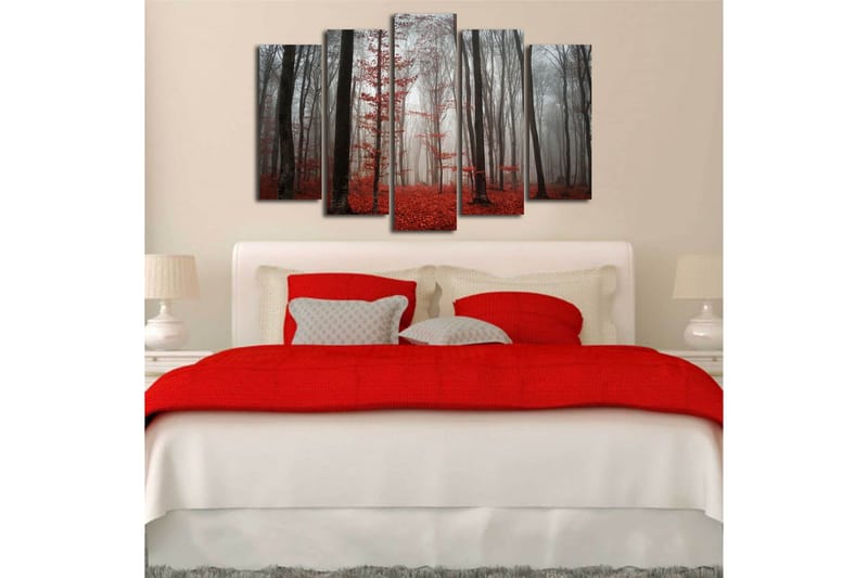 Suuri 5-osainen canvas-taulu 105x70 cm - Sumuinen metsä punaisten lehtipuiden kanssa - Punainen / Harmaa / Musta - Sisustustuotteet - Taulu & taide - Canvas-taulu