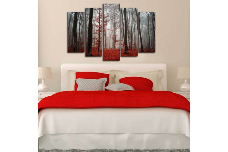 Suuri 5-osainen canvas-taulu 105x70 cm - Sumuinen metsä punaisten lehtipuiden kanssa - Punainen / Harmaa / Musta - Sisustustuotteet - Taulu & taide - Canvas-taulu