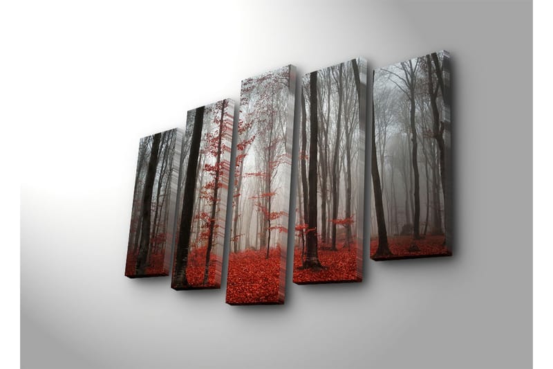 Suuri 5-osainen canvas-taulu 105x70 cm - Sumuinen metsä punaisten lehtipuiden kanssa - Punainen / Harmaa / Musta - Sisustustuotteet - Taulu & taide - Canvas-taulu