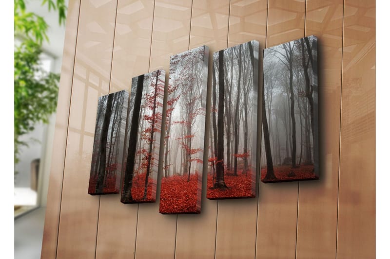Suuri 5-osainen canvas-taulu 105x70 cm - Sumuinen mets ä punaisten lehtipuiden kanssa - Punainen / Harmaa / Musta - Sisustustuotteet - Taulu & taide - Canvas-taulu