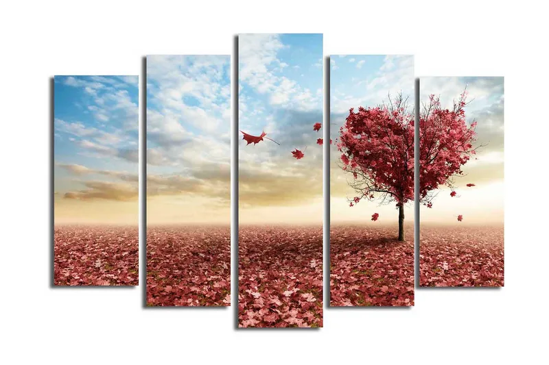 Suuri 5-osainen canvas-taulu 105x70 cm - Sydämenmuotoinen puu syksynlehdillä punaisissa sävyissä, Punainen / Vaaleanpunainen / Sininen
