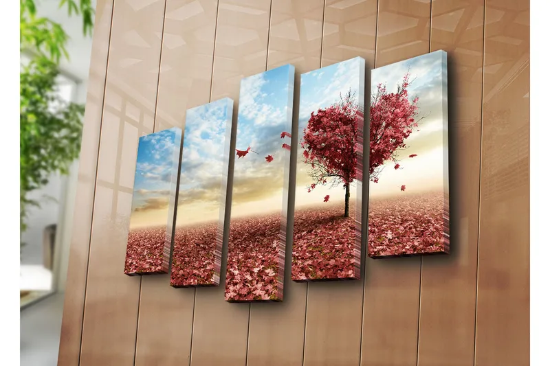 Suuri 5-osainen canvas-taulu 105x70 cm - Sydämenmuotoinen puu syksynlehdillä punaisissa sävyissä - Punainen / Vaaleanpunainen / Sininen - Sisustustuotteet - Taulu & taide - Canvas-taulu