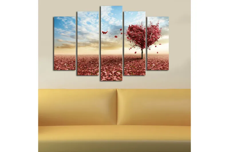 Suuri 5-osainen canvas-taulu 105x70 cm - Syd ämenmuotoinen puu syksynlehdillä punaisissa sävyissä - Punainen / Vaaleanpunainen / Sininen - Sisustustuotteet - Taulu & taide - Canvas-taulu