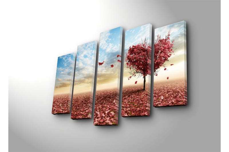 Suuri 5-osainen canvas-taulu 105x70 cm - Sydämenmuotoinen puu syksynlehdillä punaisissa sävyissä - Punainen / Vaaleanpunainen / Sininen - Sisustustuotteet - Taulu & taide - Canvas-taulu