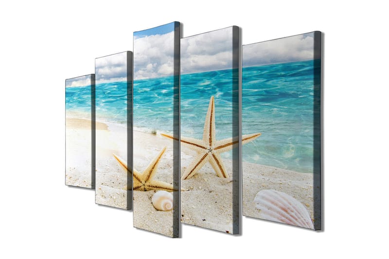 Suuri 5-osainen canvas-taulu 105x70 cm - Tähdenmuotoiset simpukat hiekkarannalla meren rannalla, Sininen / Beige / Valkoinen