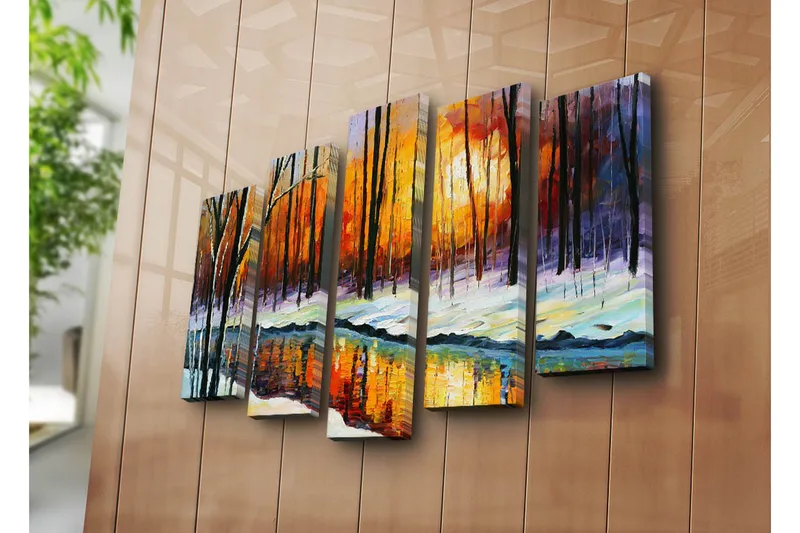 Suuri 5-osainen canvas-taulu 105x70 cm - Talvimaisema auringonlaskulla ja heijastuksella tyynessä järvessä - Oranssi / Musta / Valkoinen - Sisustustuotteet - Taulu & taide - Canvas-taulu