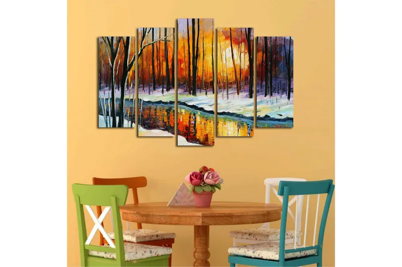 Suuri 5-osainen canvas-taulu 105x70 cm - Talvimaisema auringonlaskulla ja heijastuksella tyynessä järvessä - Oranssi / Musta / Valkoinen - Sisustustuotteet - Taulu & taide - Canvas-taulu