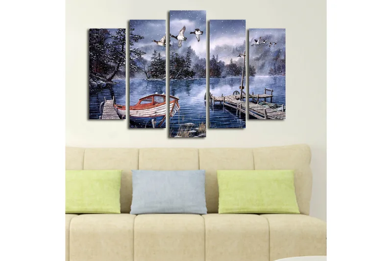 Suuri 5-osainen canvas-taulu 105x70 cm - Talvimaisema veneellä tyynellä järvellä - Sininen / Valkoinen / Harmaa - Sisustustuotteet - Taulu & taide - Canvas-taulu