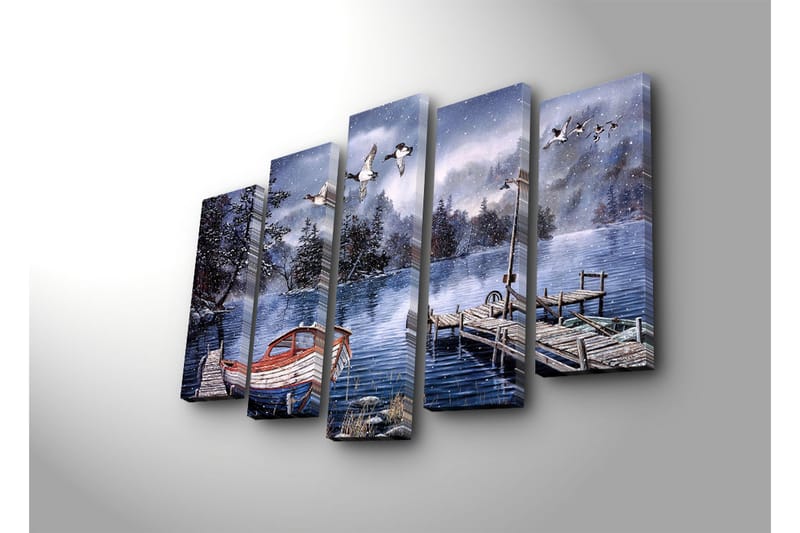 Suuri 5-osainen canvas-taulu 105x70 cm - Talvimaisema veneellä tyynellä järvellä - Sininen / Valkoinen / Harmaa - Sisustustuotteet - Taulu & taide - Canvas-taulu