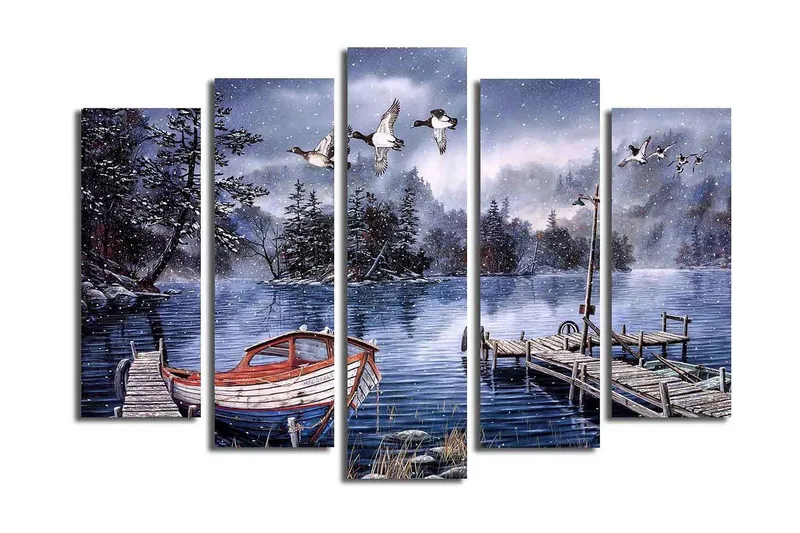 Suuri 5-osainen canvas-taulu 105x70 cm - Talvimaisema veneellä tyynellä järvellä, Sininen / Valkoinen / Harmaa