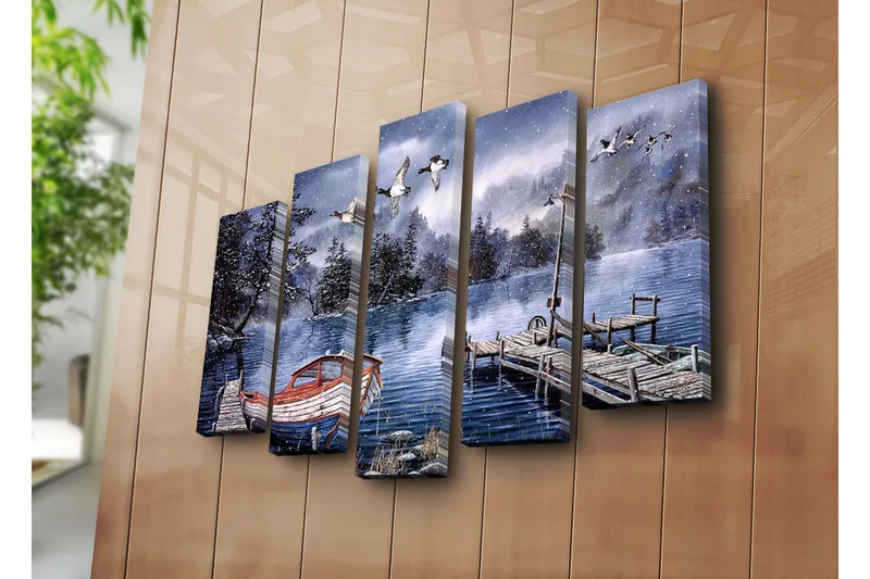 Suuri 5-osainen canvas-taulu 105x70 cm - Talvimaisema veneellä tyynellä järvellä - Sininen / Valkoinen / Harmaa - Sisustustuotteet - Taulu & taide - Canvas-taulu