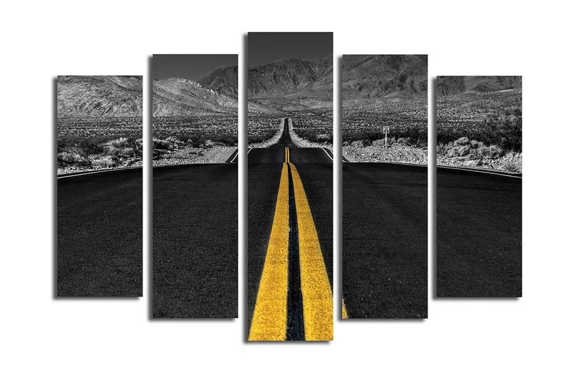 Suuri 5-osainen canvas-taulu 105x70 cm - Tie ulottuu kohti horisonttia keltaisella keskiviivalla, Musta / Keltainen