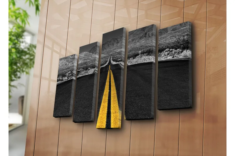 Suuri 5-osainen canvas-taulu 105x70 cm - Tie ulottuu kohti horisonttia keltaisella keskiviivalla - Musta / Keltainen - Sisustustuotteet - Taulu & taide - Canvas-taulu