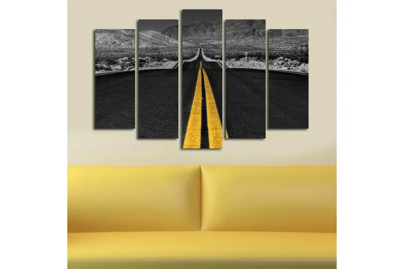 Suuri 5-osainen canvas-taulu 105x70 cm - Tie ulottuu kohti horisonttia keltaisella keskiviivalla - Musta / Keltainen - Sisustustuotteet - Taulu & taide - Canvas-taulu