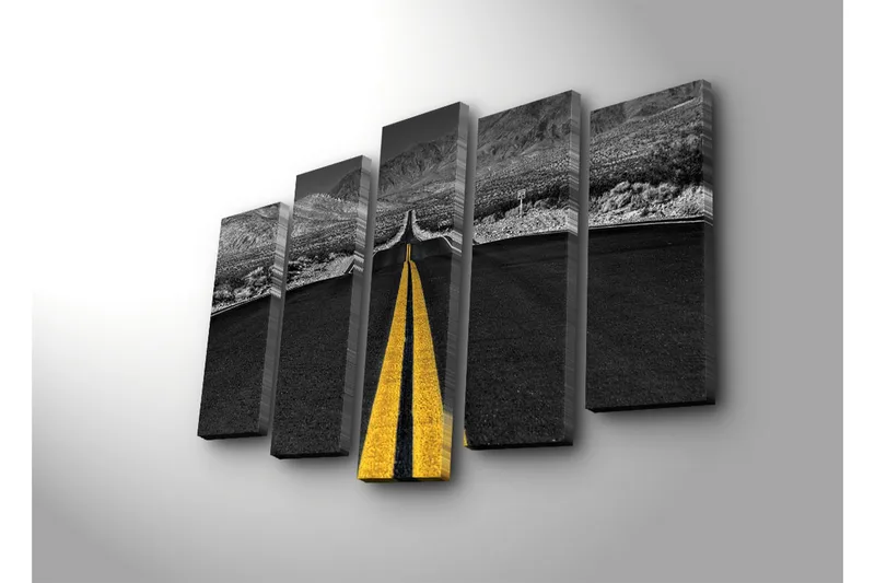 Suuri 5-osainen canvas-taulu 105x70 cm - Tie ulottuu kohti horisonttia keltaisella keskiviivalla - Musta / Keltainen - Sisustustuotteet - Taulu & taide - Canvas-taulu