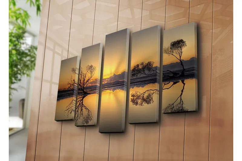 Suuri 5-osainen canvas-taulu 105x70 cm - Tunnelmallinen auringonlasku puiden siluetteineen veden äärellä - Kulta / Musta - Sisustustuotteet - Taulu & taide - Canvas-taulu