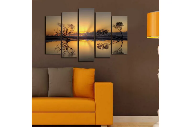 Suuri 5-osainen canvas-taulu 105x70 cm - Tunnelmallinen auringonlasku puiden siluetteineen veden äärellä - Kulta / Musta - Sisustustuotteet - Taulu & taide - Canvas-taulu