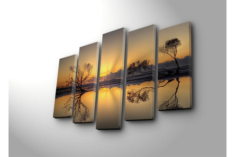 Suuri 5-osainen canvas-taulu 105x70 cm - Tunnelmallinen auringonlasku puiden siluetteineen veden äärellä - Kulta / Musta - Sisustustuotteet - Taulu & taide - Canvas-taulu