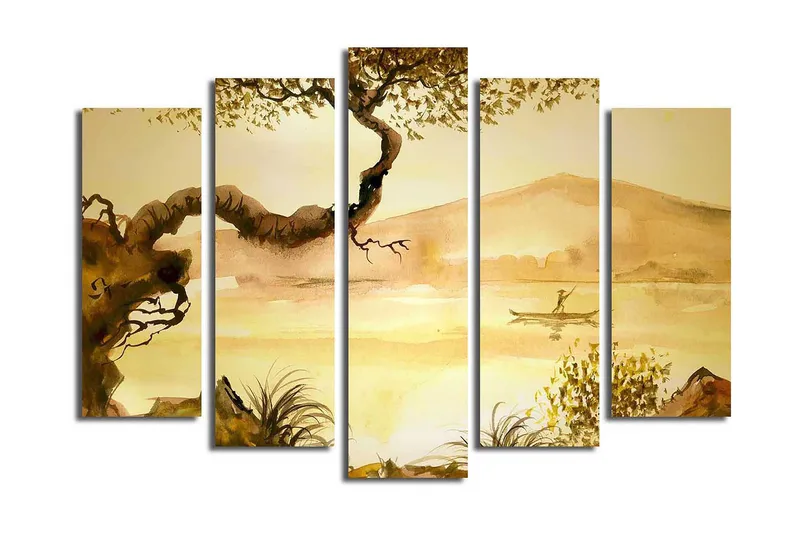 Suuri 5-osainen canvas-taulu 105x70 cm - Tunnelmallinen maisemakuva kalastajan kanssa kanootissa tyynellä järvellä, Kullanruskea / Vaaleanbeige / Tummanruskea