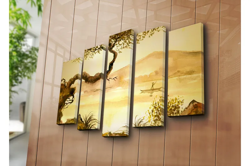 Suuri 5-osainen canvas-taulu 105x70 cm - Tunnelmallinen maisemakuva kalastajan kanssa kanootissa tyynellä järvellä - Kullanruskea / Vaaleanbeige / Tummanruskea - Sisustustuotteet - Taulu & taide - Canvas-taulu