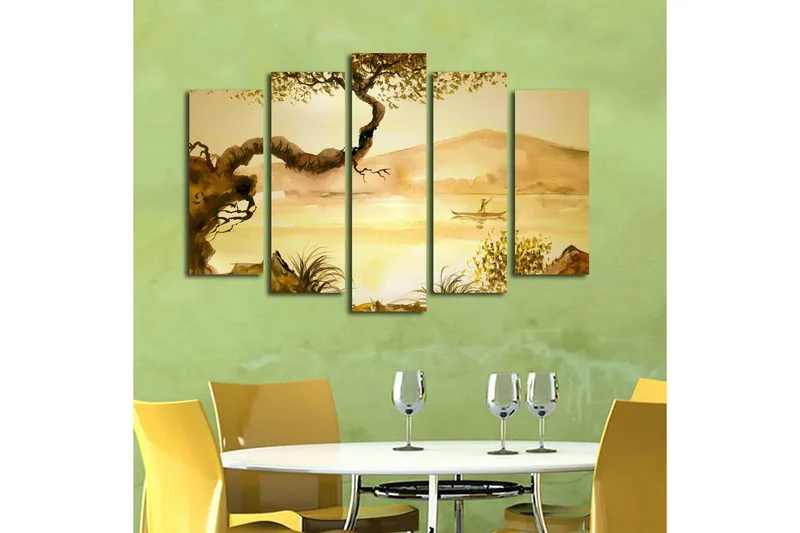 Suuri 5-osainen canvas-taulu 105x70 cm - Tunnelmallinen maisemakuva kalastajan kanssa kanootissa tyynellä järvellä - Kullanruskea / Vaaleanbeige / Tummanruskea - Sisustustuotteet - Taulu & taide - Canvas-taulu