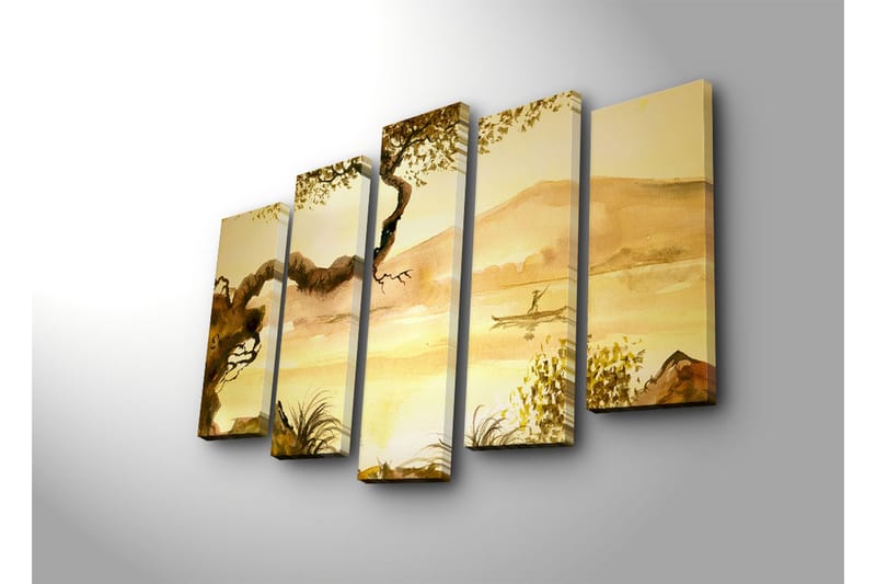 Suuri 5-osainen canvas-taulu 105x70 cm - Tunnelmallinen maisemakuva kalastajan kanssa kanootissa tyynellä järvellä - Kullanruskea / Vaaleanbeige / Tummanruskea - Sisustustuotteet - Taulu & taide - Canvas-taulu