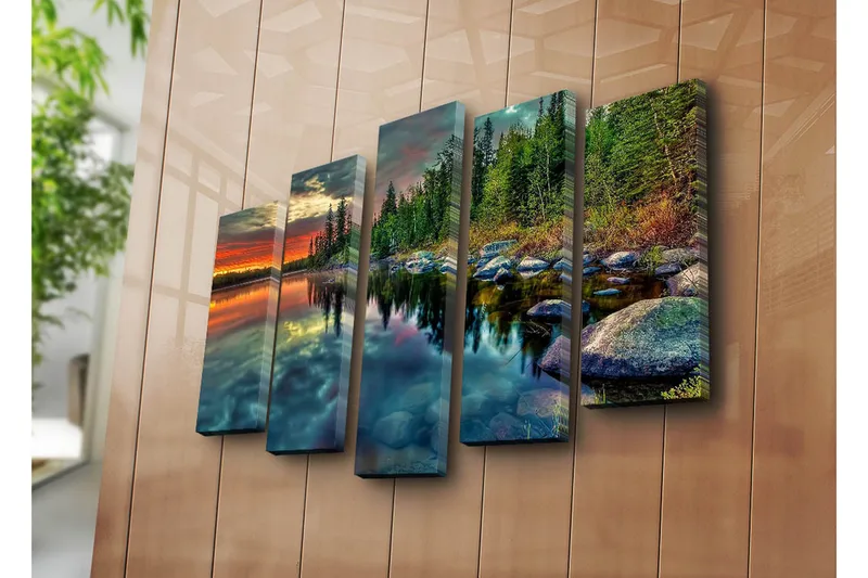 Suuri 5-osainen canvas-taulu 105x70 cm - Upea järvimaisema peilimäisillä vesipinnoilla ja ympäröivällä metsällä - Vihreä / Oranssi / Sininen - Sisustustuotteet - Taulu & taide - Canvas-taulu