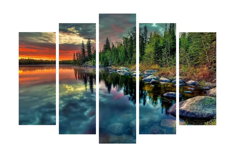 Suuri 5-osainen canvas-taulu 105x70 cm - Upea järvimaisema peilimäisillä vesipinnoilla ja ympäröivällä metsällä, Vihreä / Oranssi / Sininen
