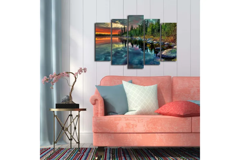 Suuri 5-osainen canvas-taulu 105x70 cm - Upea järvimaisema peilimäisillä vesipinnoilla ja ympäröivällä metsällä - Vihreä / Oranssi / Sininen - Sisustustuotteet - Taulu & taide - Canvas-taulu