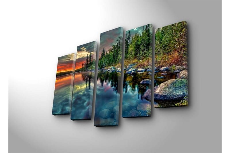 Suuri 5-osainen canvas-taulu 105x70 cm - Upea järvimaisema peilimäisillä vesipinnoilla ja ympäröivällä metsällä - Vihreä / Oranssi / Sininen - Sisustustuotteet - Taulu & taide - Canvas-taulu