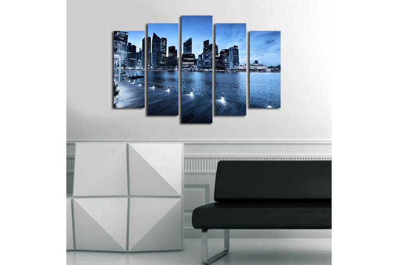 Suuri 5-osainen canvas-taulu 105x70 cm - Upea kaupunkikuva veden äärellä moderneilla pilvenpiirtäjillä - Sininen / Tummansininen / Harmaa - Sisustustuotteet - Taulu & taide - Canvas-taulu