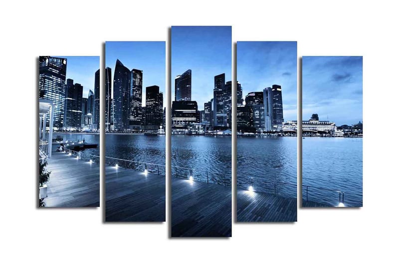 Suuri 5-osainen canvas-taulu 105x70 cm - Upea kaupunkikuva veden äärellä moderneilla pilvenpiirtäjillä - Sininen / Tummansininen / Harmaa - Sisustustuotteet - Taulu & taide - Canvas-taulu
