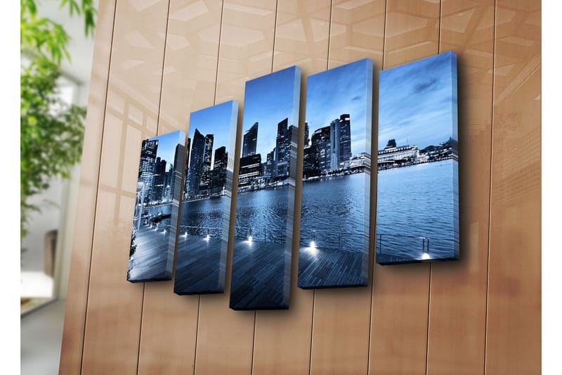 Suuri 5-osainen canvas-taulu 105x70 cm - Upea kaupunkikuva veden äärellä moderneilla pilvenpiirtäjillä - Sininen / Tummansininen / Harmaa - Sisustustuotteet - Taulu & taide - Canvas-taulu