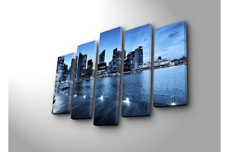 Suuri 5-osainen canvas-taulu 105x70 cm - Upea kaupunkikuva veden äärellä moderneilla pilvenpiirtäjillä - Sininen / Tummansininen / Harmaa - Sisustustuotteet - Taulu & taide - Canvas-taulu