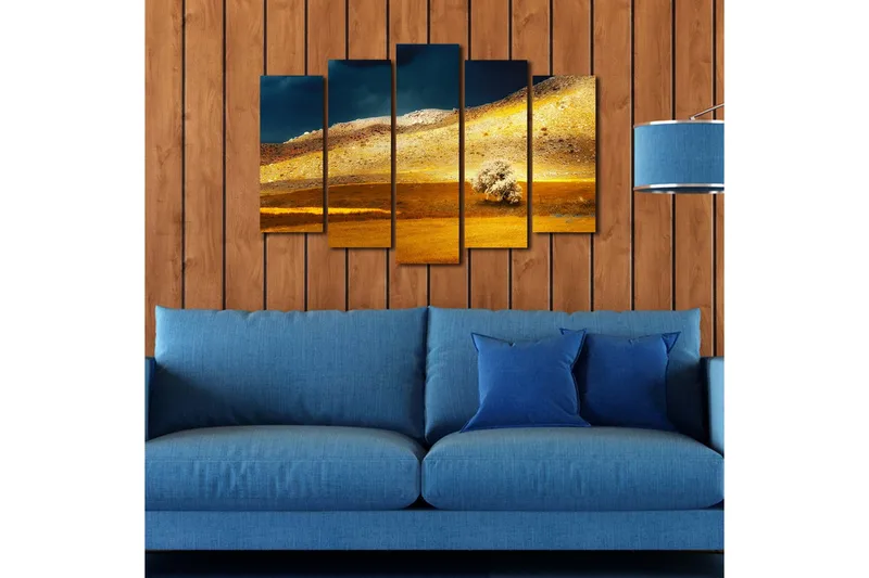 Suuri 5-osainen canvas-taulu 105x70 cm - Upea maisema kultaisilla pelloilla ja yksinäisen puun siluetilla - Kulta / Ruskea / Tummansininen - Sisustustuotteet - Taulu & taide - Canvas-taulu