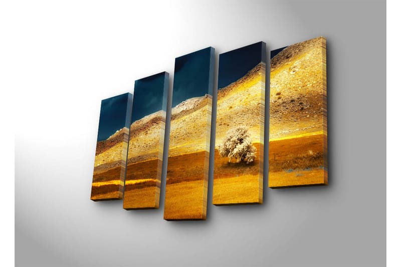 Suuri 5-osainen canvas-taulu 105x70 cm - Upea maisema kultaisilla pelloilla ja yksinäisen puun siluetilla - Kulta / Ruskea / Tummansininen - Sisustustuotteet - Taulu & taide - Canvas-taulu