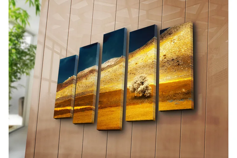 Suuri 5-osainen canvas-taulu 105x70 cm - Upea maisema kultaisilla pelloilla ja yksinäisen puun siluetilla - Kulta / Ruskea / Tummansininen - Sisustustuotteet - Taulu & taide - Canvas-taulu