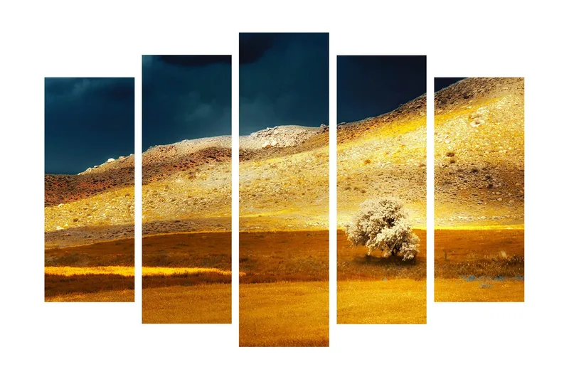 Suuri 5-osainen canvas-taulu 105x70 cm - Upea maisema kultaisilla pelloilla ja yksinäisen puun siluetilla, Kulta / Ruskea / Tummansininen