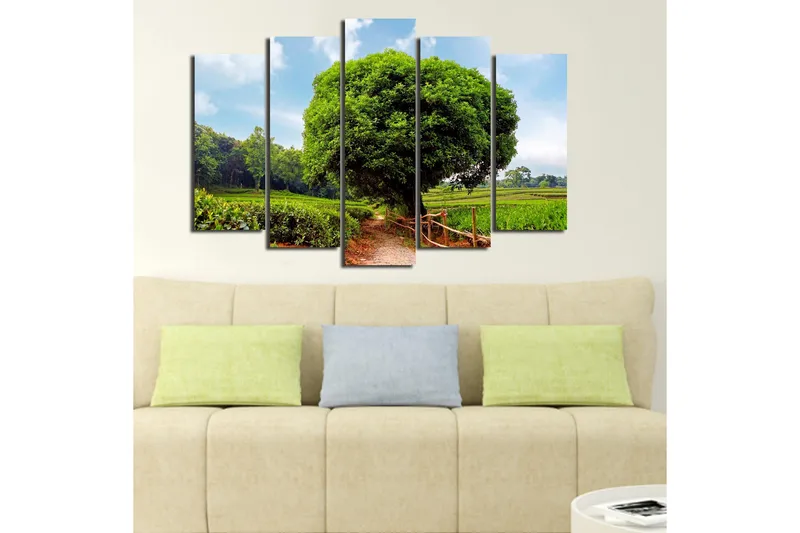 Suuri 5-osainen canvas-taulu 105x70 cm - Upea vihreä maisema ja suuri puu soratien varrella - Vihreä / Ruskea / Sininen - Sisustustuotteet - Taulu & taide - Canvas-taulu