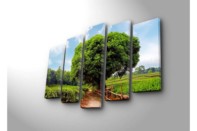 Suuri 5-osainen canvas-taulu 105x70 cm - Upea vihreä maisema ja suuri puu soratien varrella - Vihreä / Ruskea / Sininen - Sisustustuotteet - Taulu & taide - Canvas-taulu