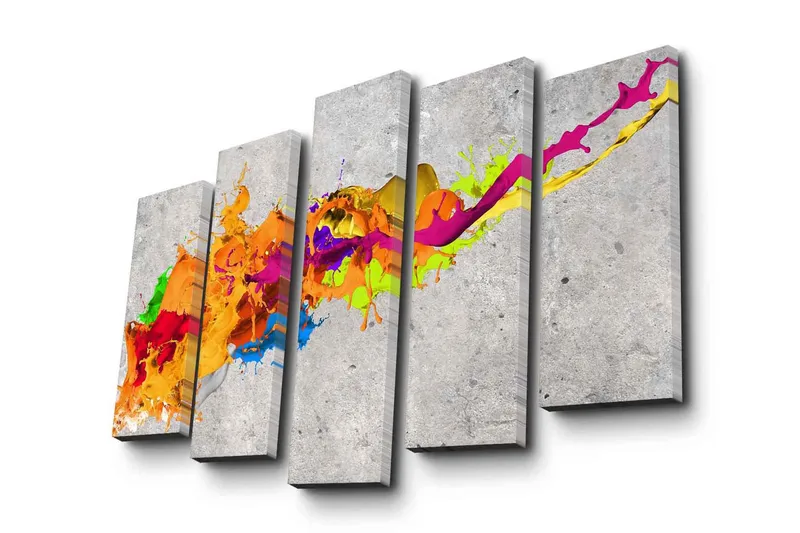 Suuri 5-osainen canvas-taulu 105x70 cm - Värikäs abstrakti sommitelma dynaamisilla värivirroilla, Oranssi / Vaaleanpunainen / Vihreä