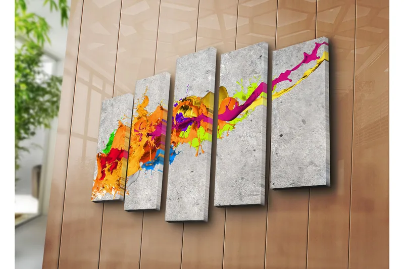 Suuri 5-osainen canvas-taulu 105x70 cm - Värikäs abstrakti sommitelma dynaamisilla värivirroilla - Oranssi / Vaaleanpunainen / Vihreä - Sisustustuotteet - Taulu & taide - Canvas-taulu