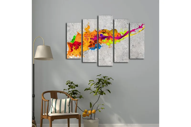 Suuri 5-osainen canvas-taulu 105x70 cm - Värikäs abstrakti sommitelma dynaamisilla värivirroilla - Oranssi / Vaaleanpunainen / Vihreä - Sisustustuotteet - Taulu & taide - Canvas-taulu