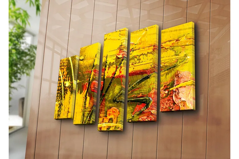 Suuri 5-osainen canvas-taulu 105x70 cm - Värikäs abstrakti sommitelma keltaisilla ja punaisilla elementeillä - Keltainen / Punainen / Vihreä - Sisustustuotteet - Taulu & taide - Canvas-taulu