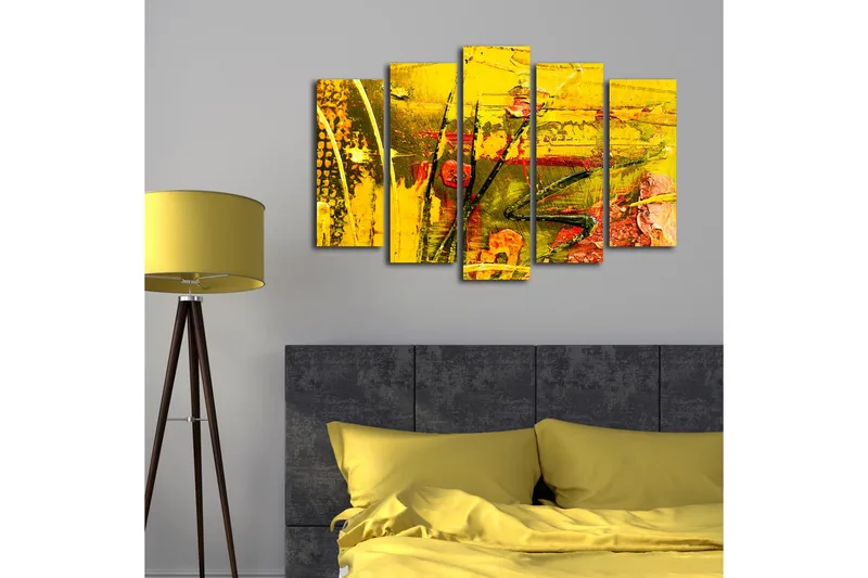 Suuri 5-osainen canvas-taulu 105x70 cm - Värikäs abstrakti sommitelma keltaisilla ja punaisilla elementeillä - Keltainen / Punainen / Vihreä - Sisustustuotteet - Taulu & taide - Canvas-taulu