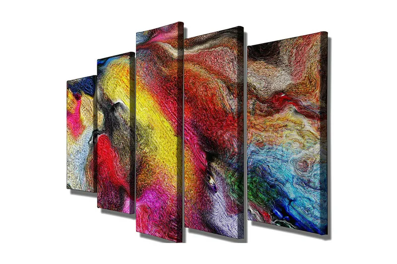 Suuri 5-osainen canvas-taulu 105x70 cm - Värikäs abstrakti sommitelma laajoilla muodoilla, Punainen / Keltainen / Sininen