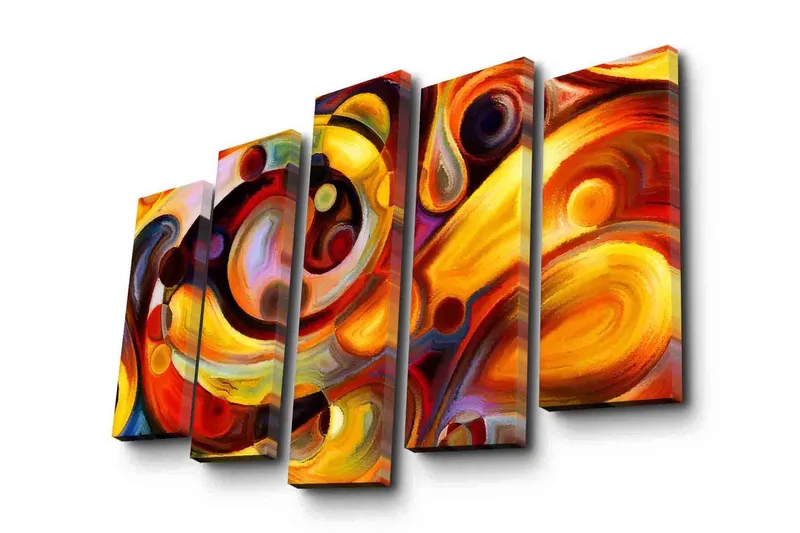 Suuri 5-osainen canvas-taulu 105x70 cm - Värikäs abstrakti sommitelma pyöreillä muodoilla - Punainen / Keltainen / Oranssi - Sisustustuotteet - Taulu & taide - Canvas-taulu