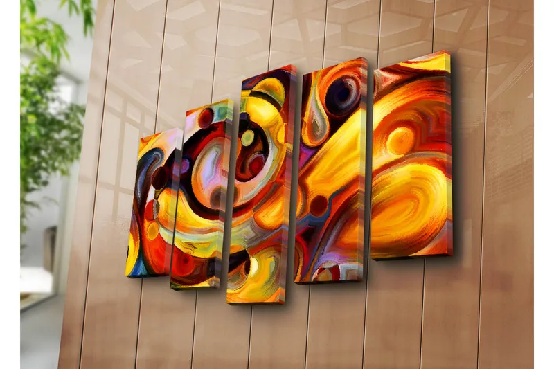 Suuri 5-osainen canvas-taulu 105x70 cm - Värikäs abstrakti sommitelma pyöreillä muodoilla - Punainen / Keltainen / Oranssi - Sisustustuotteet - Taulu & taide - Canvas-taulu
